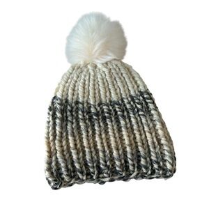 Steve Madden Cream and Gray Chunky Knit Beanie with Faux Fur Pom Pom